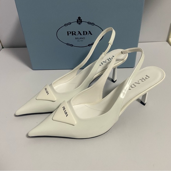 Prada Linea Rossa Shoes - Prada White Logo Slingback Pumps